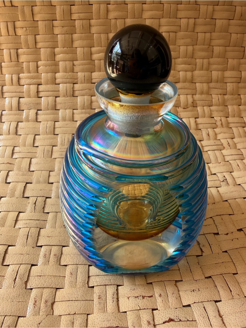 Blue Iridescent Vintage Art Glass Perfume Glass Decorative Bottle Black Stopper - Picture 3 of 7